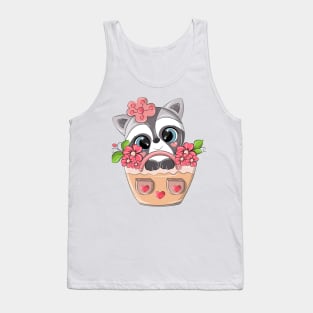 Cute raccoon sitting in a basket with flowers. Tank Top